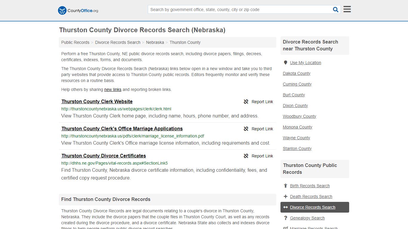 Thurston County Divorce Records Search (Nebraska) - County Office