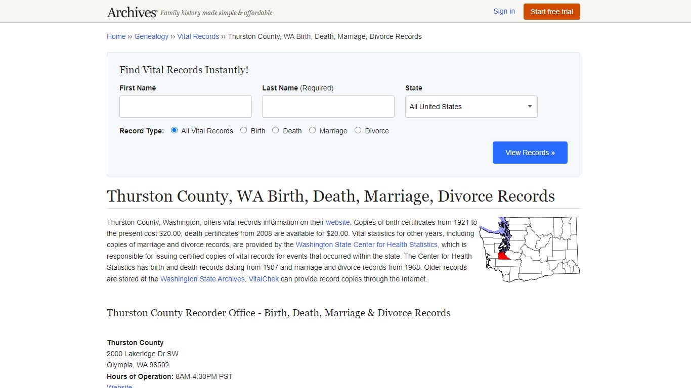 Thurston County, WA Birth, Death, Marriage, Divorce Records - Archives.com